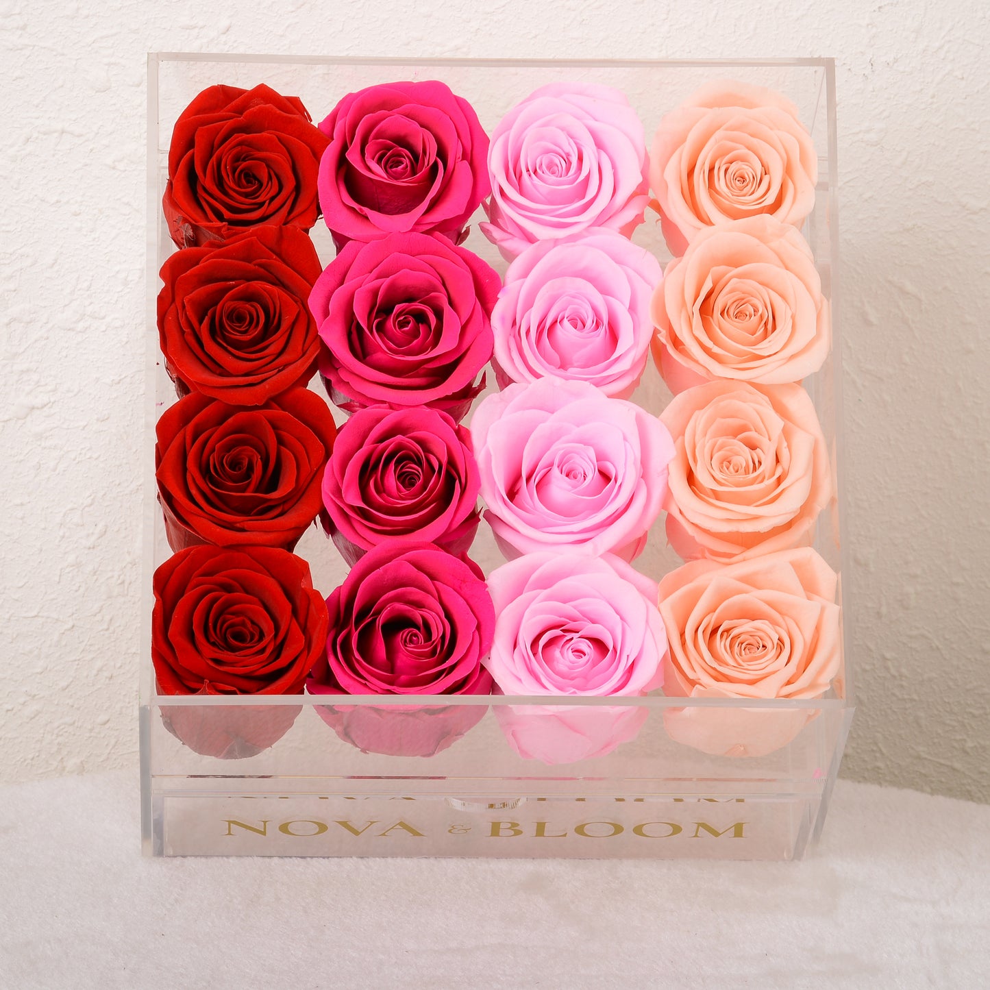 Large Acrylic Jewellery Box With Multi-Colour Preserved Roses - Front View