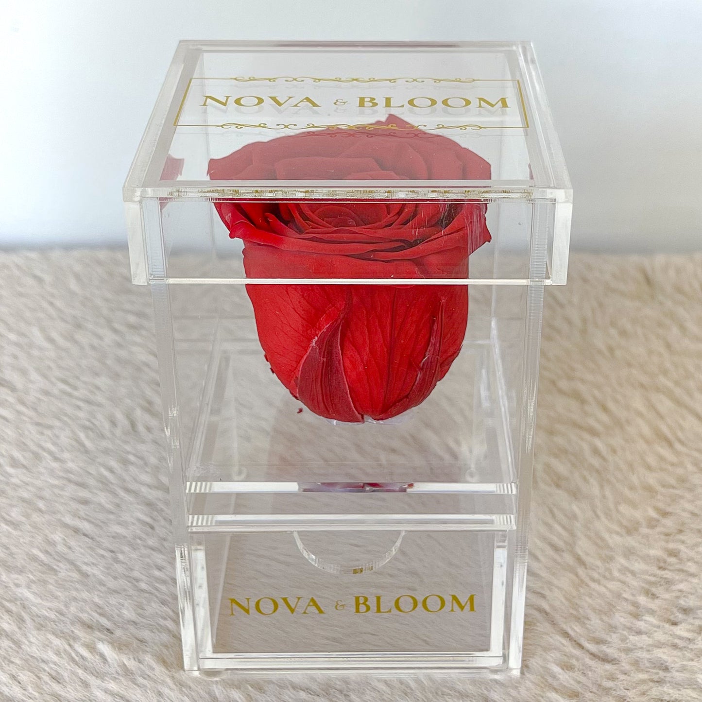 Single Acrylic Jewellery Box - Red Preserved Rose - Front View