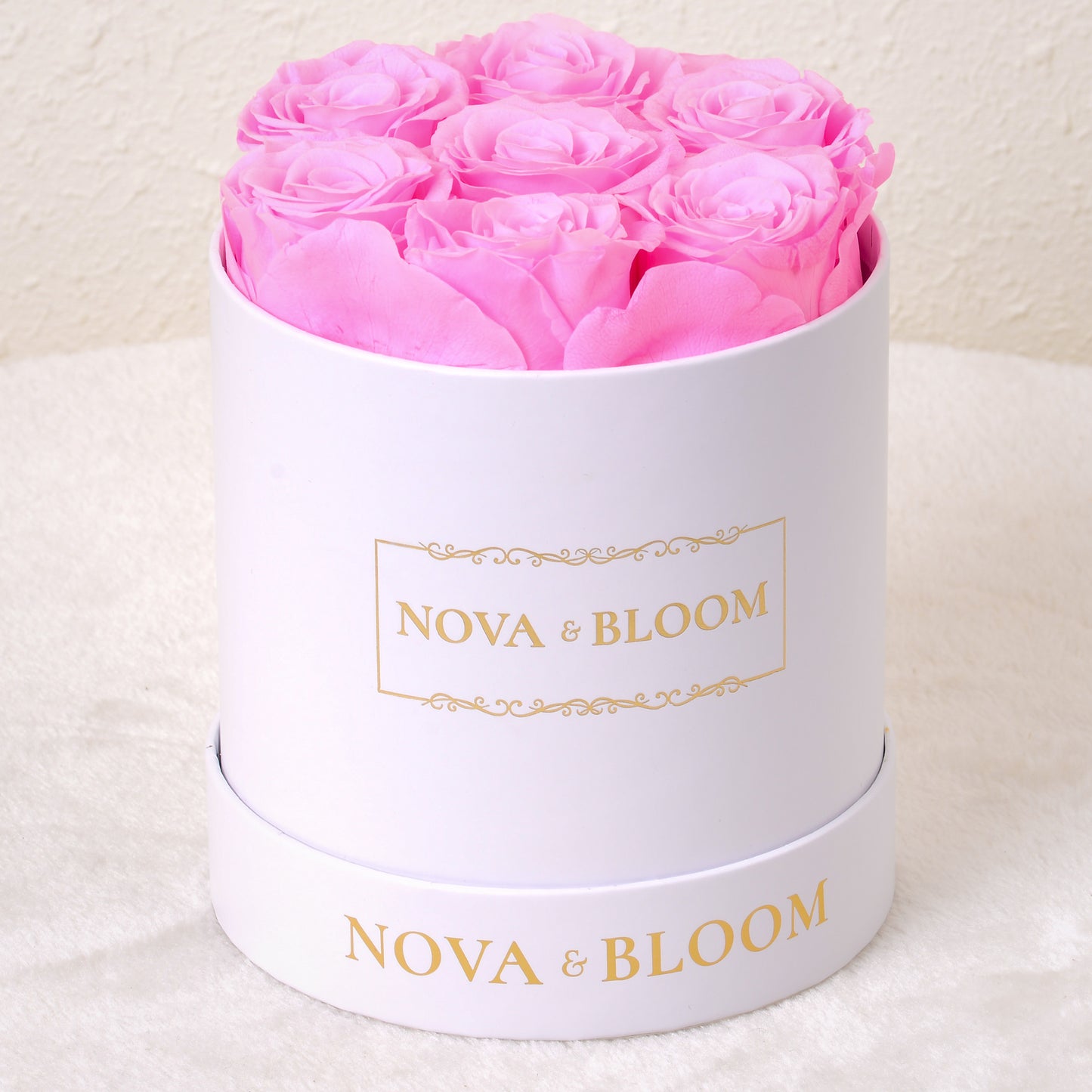 Medium White Round Arrangement - Pink Preserved Roses - Front View