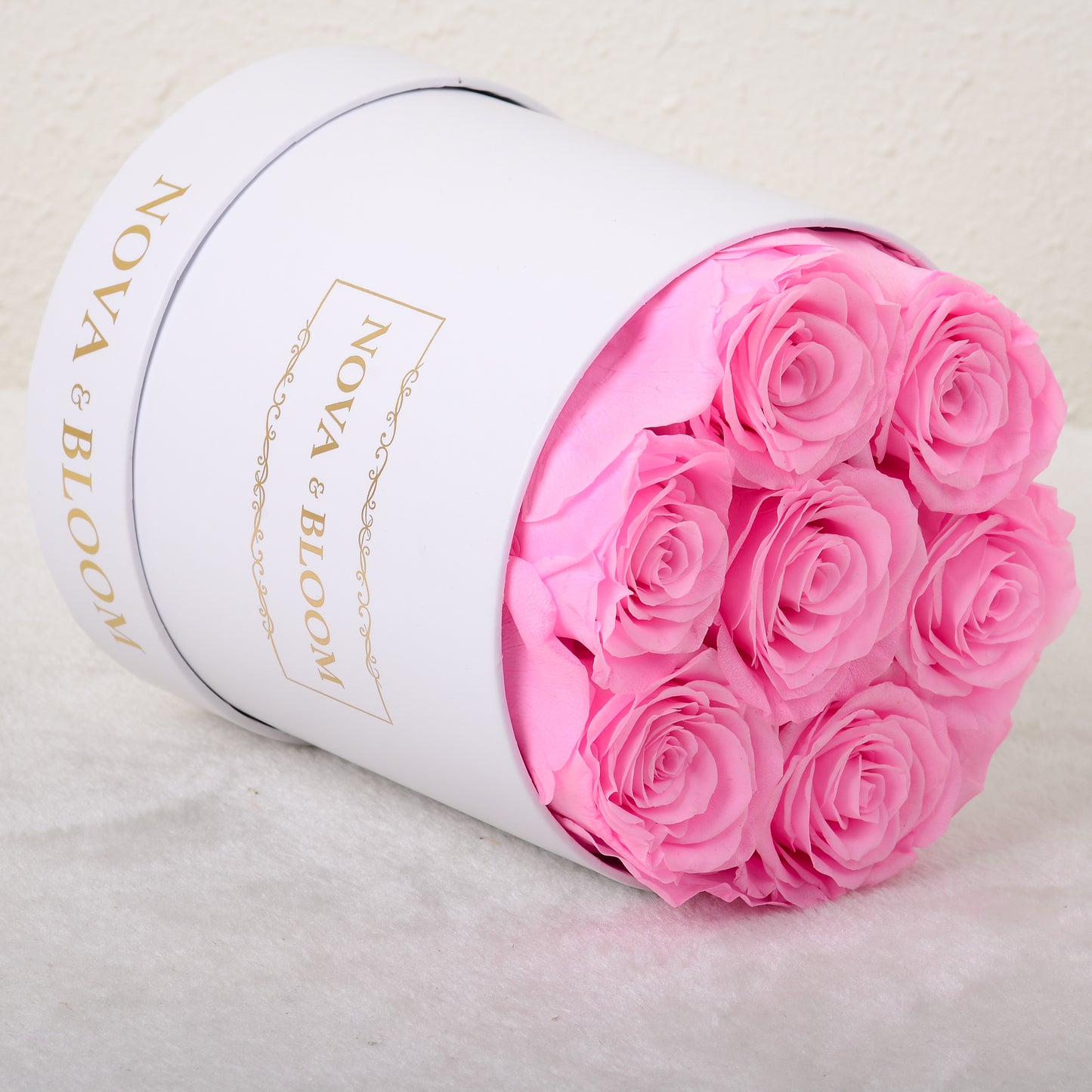 Medium White Round Arrangement - Pink Preserved Roses - Side View