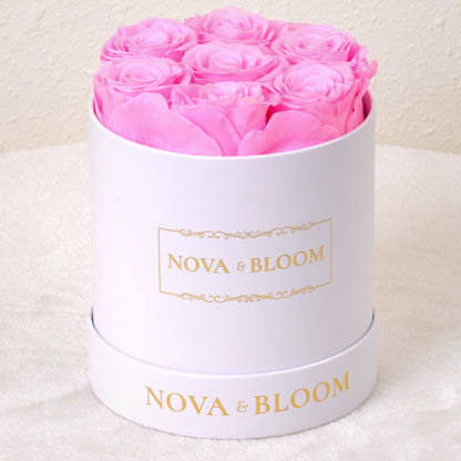 Medium White Round Arrangement - Pink Preserved Roses - Front View 