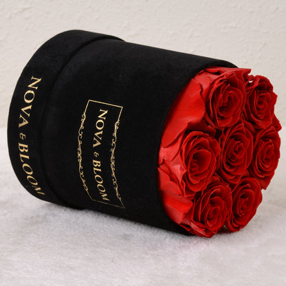 Medium Black Velvet Round Arrangement - Red Preserved Roses - Side View