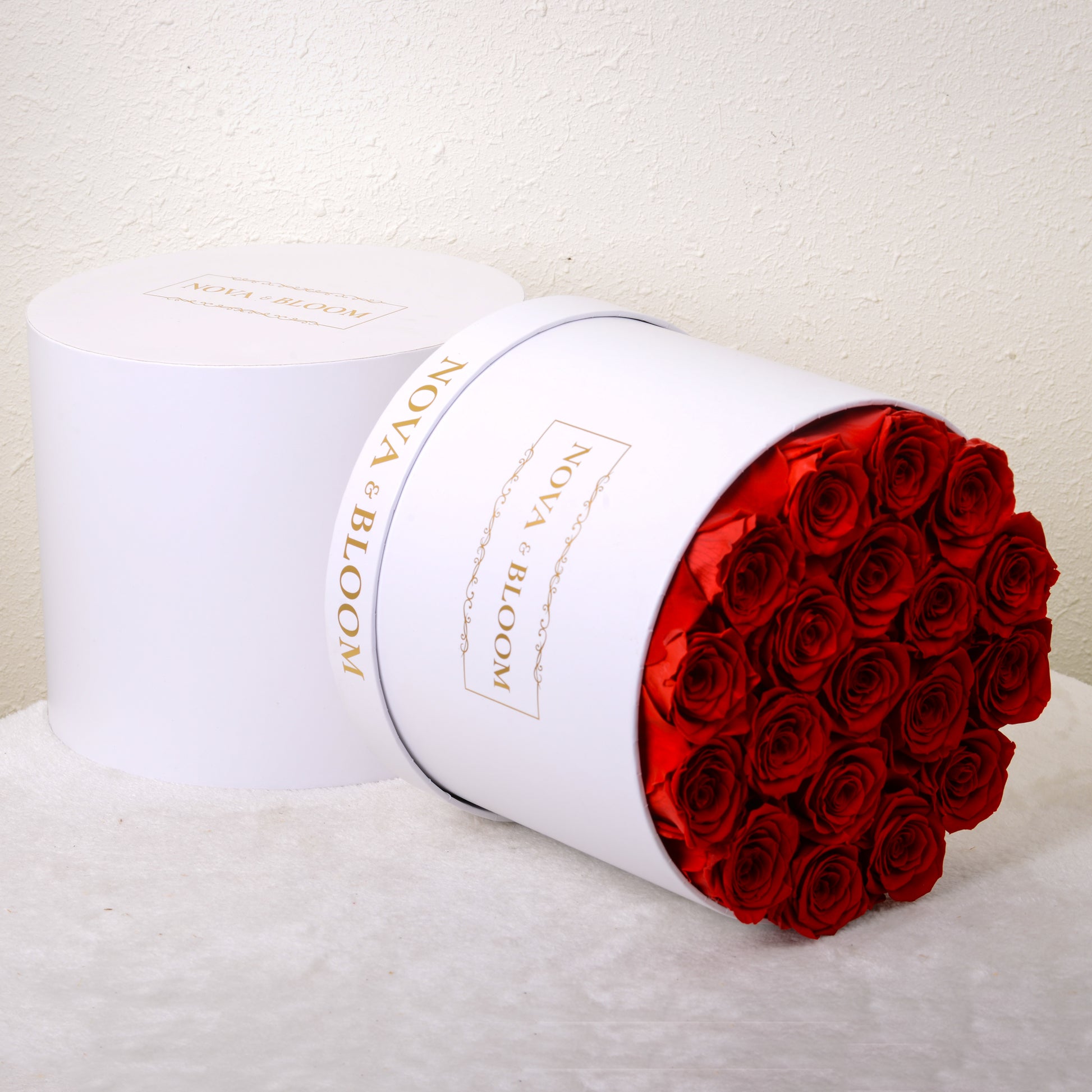 Large White Round Arrangement - Red Preserved Roses - Side View