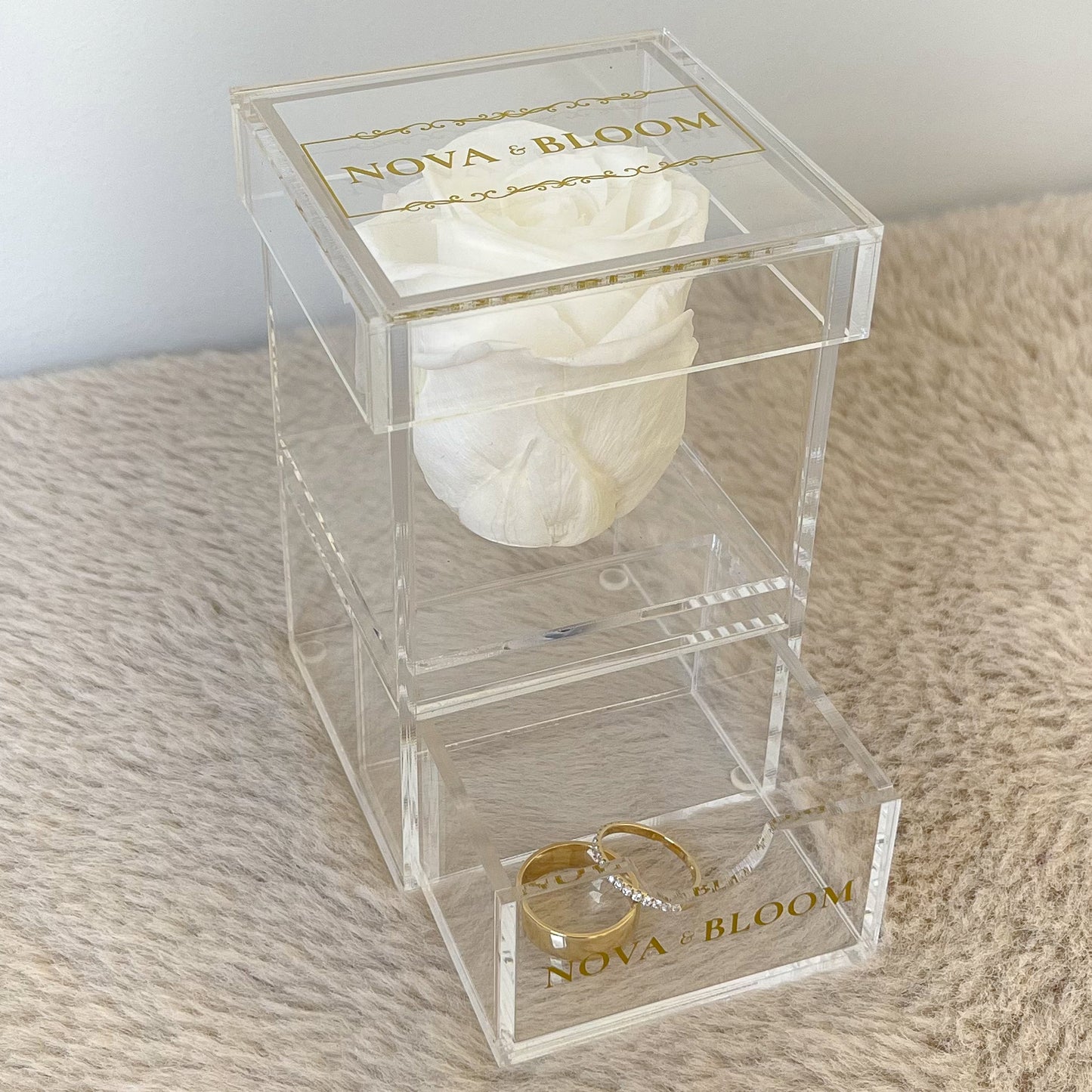 Single Acrylic Jewellery Box - White Preserved Rose - Drawer Open View 