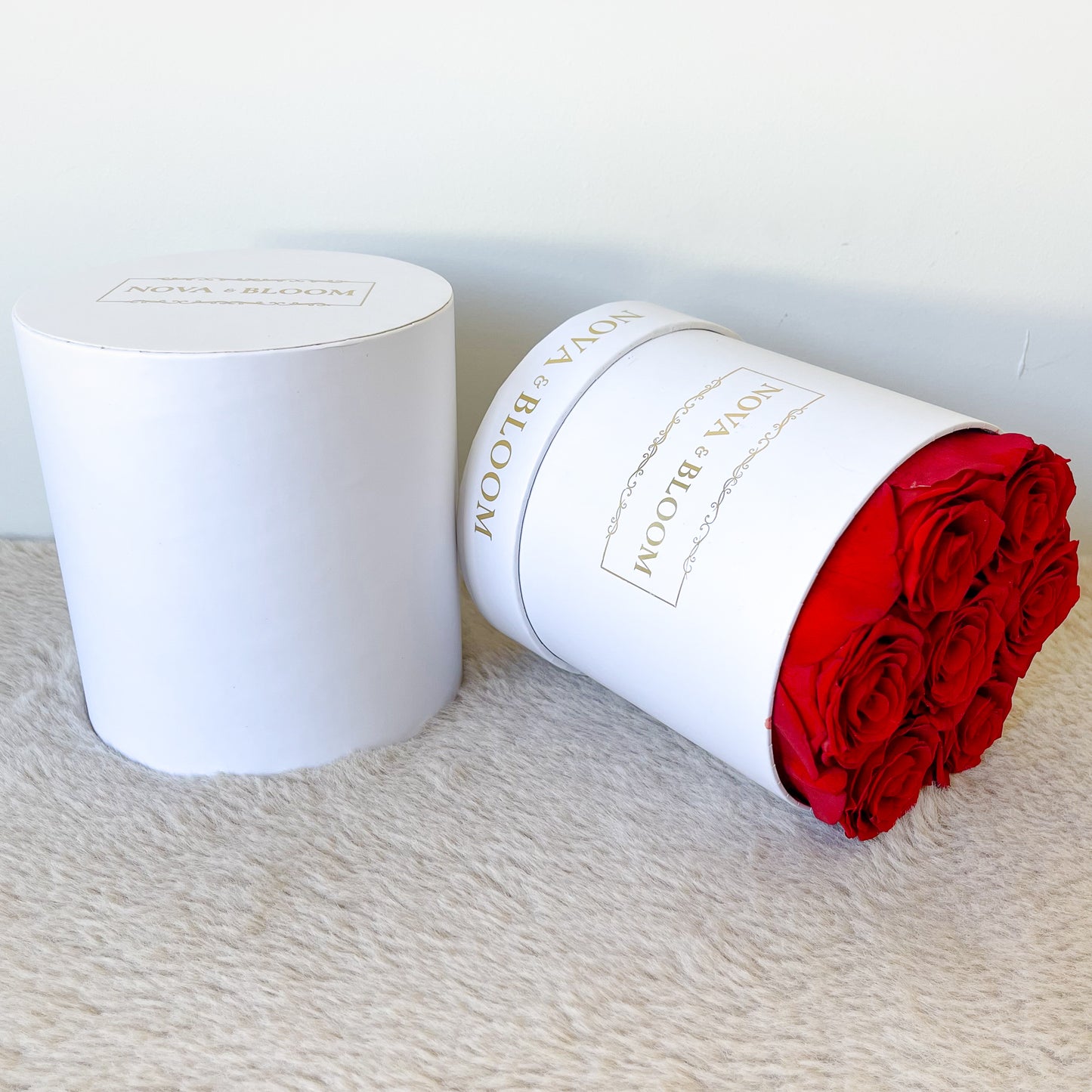 Medium White Round Arrangement - Red Preserved Roses - Side View With Box