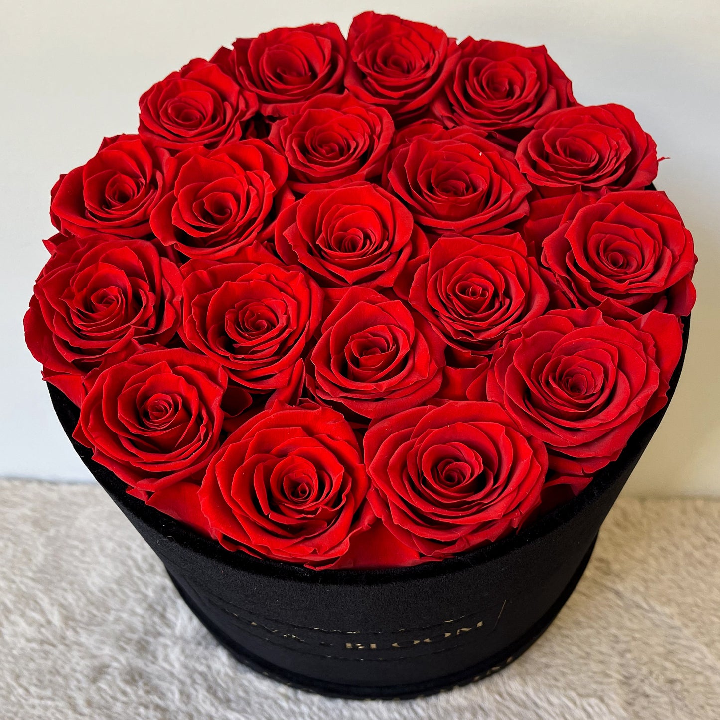 Large Black Velvet Round Arrangement - Red Preserved Roses - Top View 