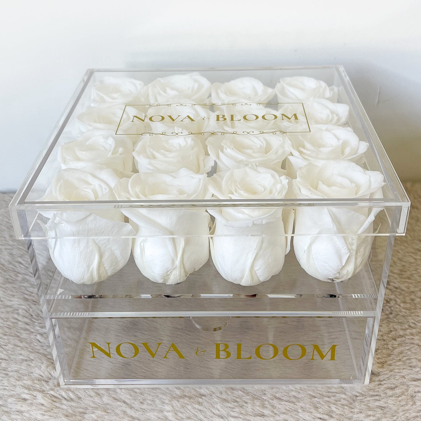 Large Acrylic Jewellery Box With White Preserved Roses - Drawer View