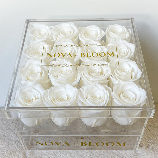 Large Acrylic Jewellery Box With White Preserved Roses - Front View